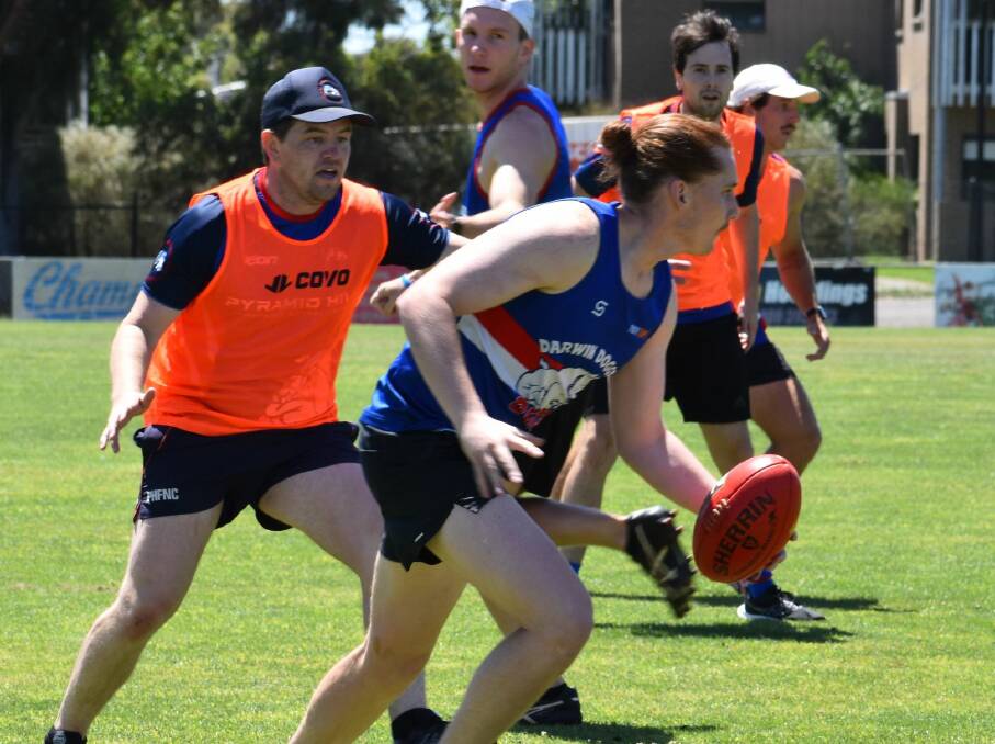 Jesse Sheahan with footy in hand at Pyramid Hill training this week. Picture by Jan Hickmott