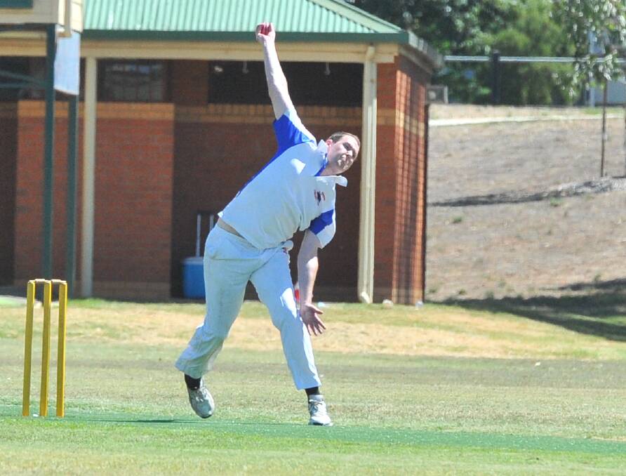 EFFORT: Marong's Ryan Murphy bowls against United at Ewing Park on Saturday. The Panthers have already lost on first innings after day one for the second game in a row. Picture: LUKE WEST