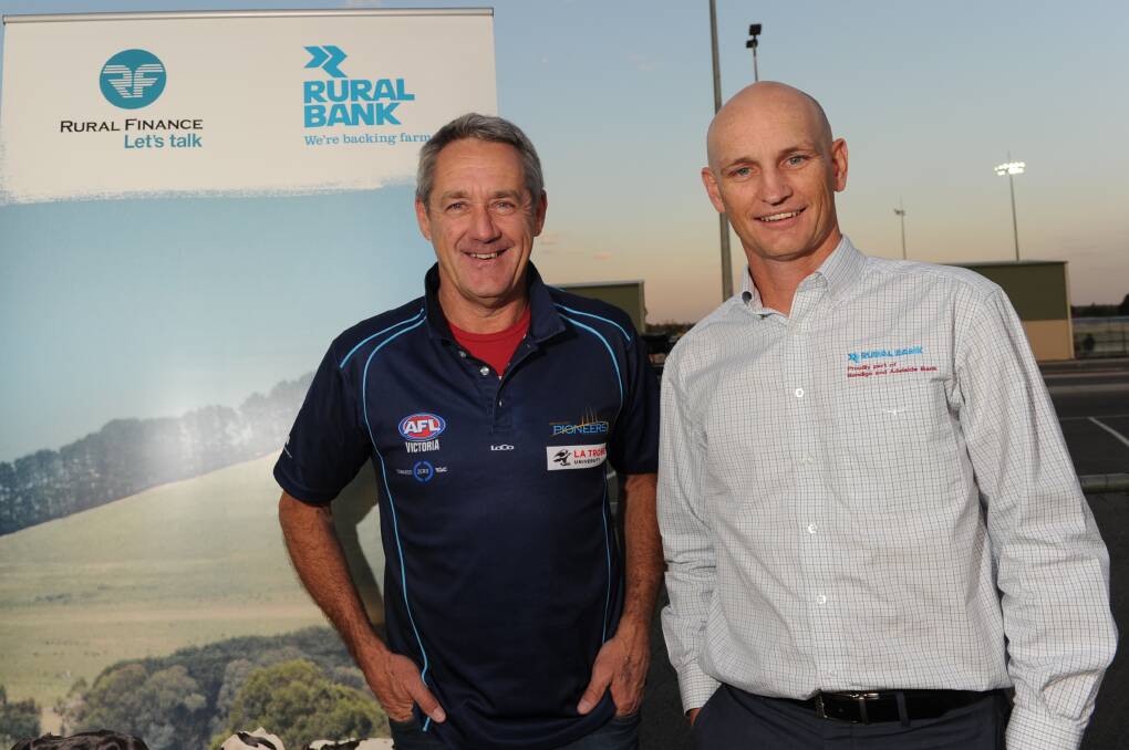WORKING TOGETHER: Bendigo Pioneers talent manager Steve Sharp and Rural Bank head of marketing and communications Brock Pinner at the announcement of the new naming rights partnership. Picture: NONI HYETT