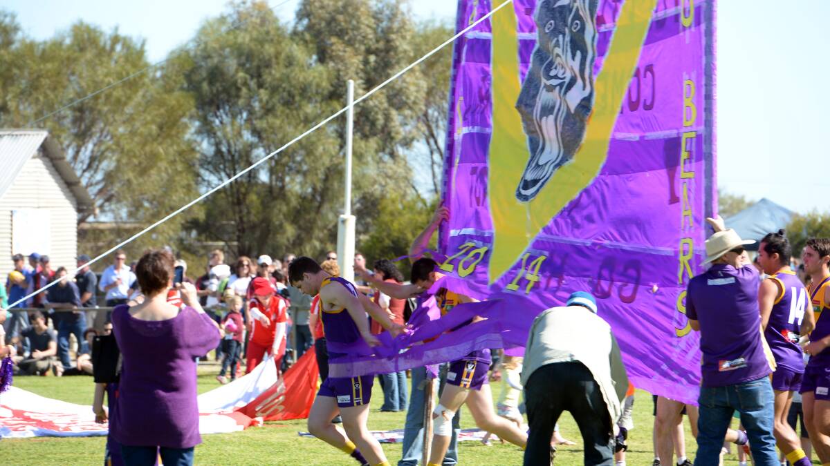 Bears Lagoon-Serpentine players break through the banner in the 2014 grand final.