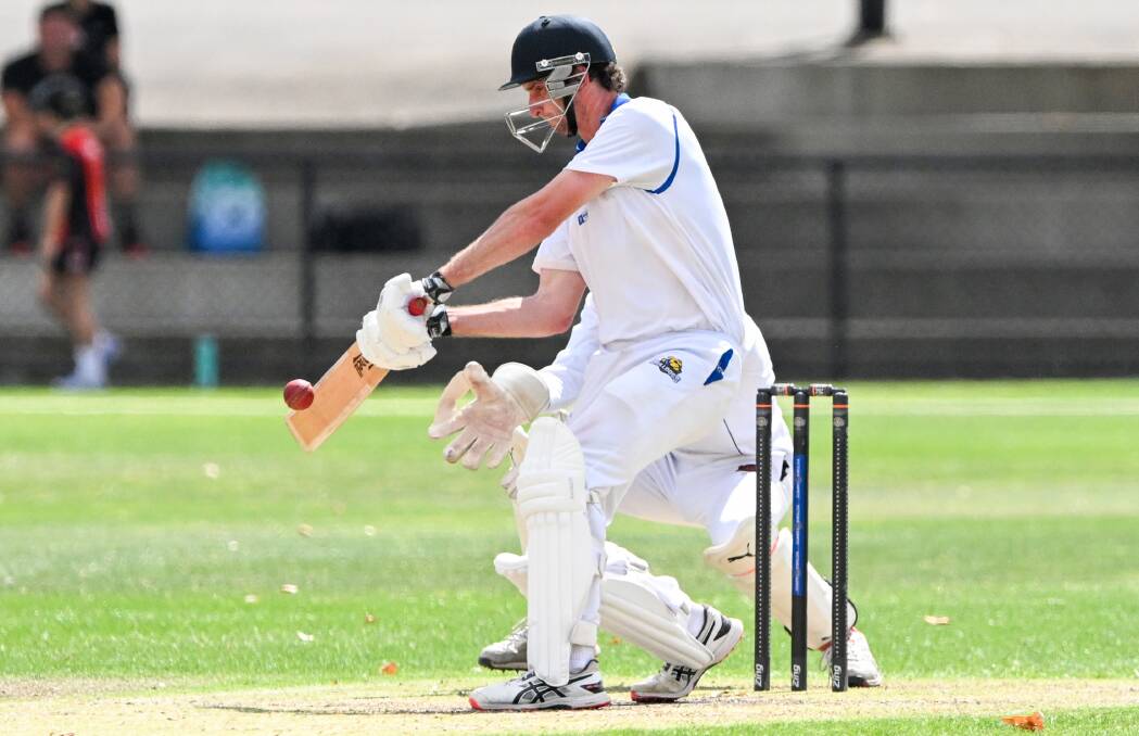 Golden Square's Connor Miller plays a shot to the off-side during his knock of 40 n.o. against White Hills in the second XI grand final on Sunday. Picture by Darren Howe