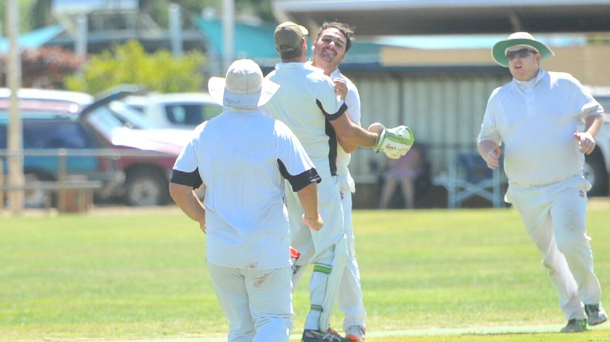 UP AND ABOUT: Arnold celebrates Cam Dale's wicket of Kingower's Braydon Welsh. Picture: LUKE WEST