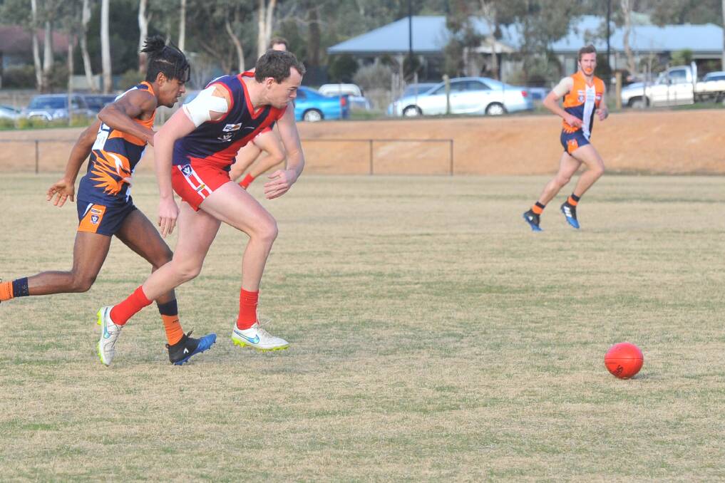CHASE: Calivil United's Bryce Curnow leads the race to the ball against Maiden Gully YCW Eagles on Saturday. Picture: ADAM BOURKE
