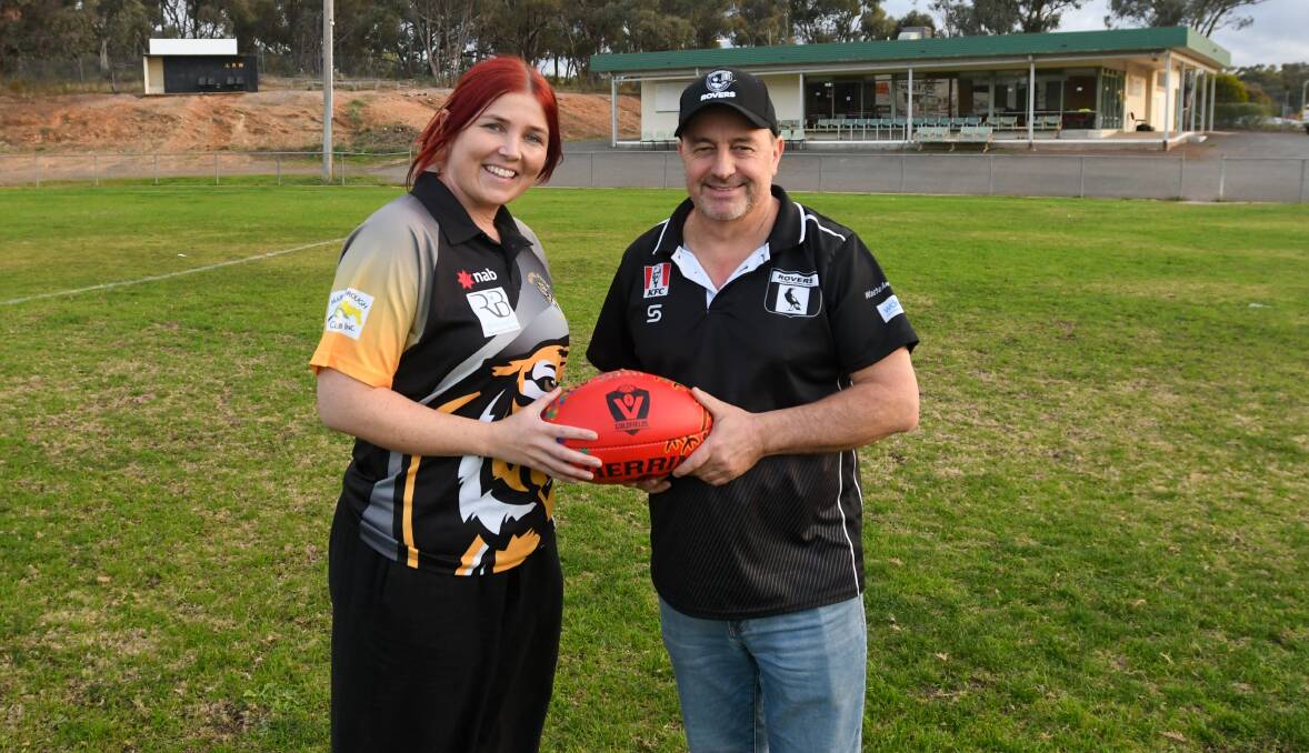 Royal Park president Kate Balzan and Maryborough Rovers vice-president Mark Raven ahead of Saturday's MCDFNL match at Hedges Oval. Picture by Noni Hyett