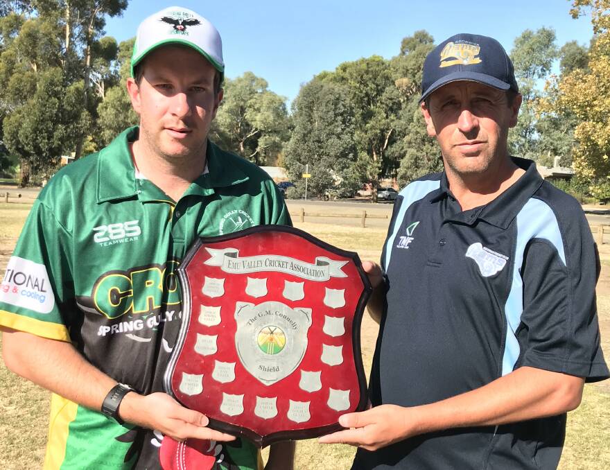 PRIZE ON THE LINE: Spring Gully captain Alex Sutton and Sedgwick skipper Greg Thomas with the EVCA premiership shield up for grabs this weekend. Picture: LUKE WEST