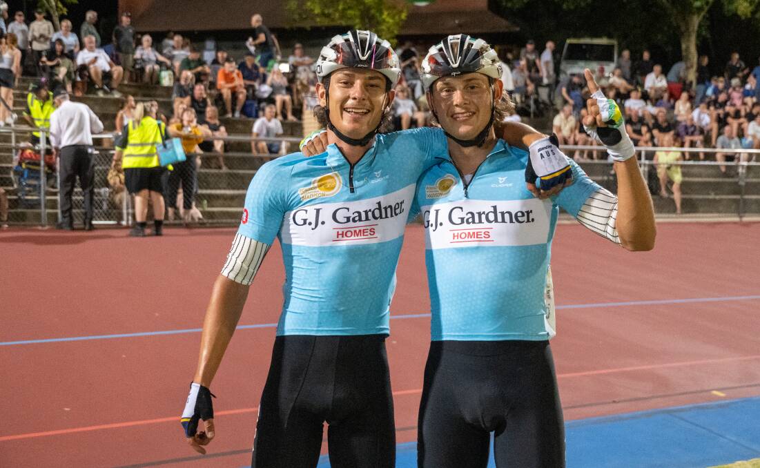 Ollie Bleddyn and Bendigo's Blake Agnoletto after winning the men's Madison on Sunday night at the Tom Flood Sports Centre. Picture by Enzo Tomasiello