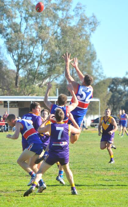 LEAP: Pyramid Hill key forward Sam Kennedy soars for a mark, which he held, during Saturday's crucial win over Bears Lagoon-Serpentine. Picture: LUKE WEST