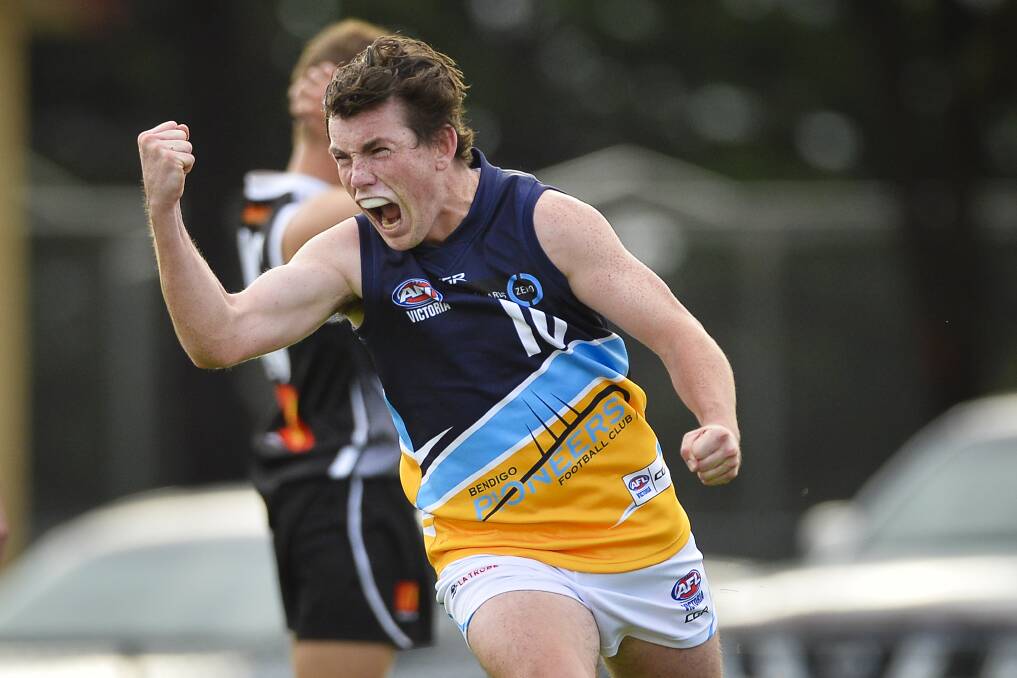 UP AND ABOUT: Brent Daniels celebrates one of his four goals for the Bendigo Pioneers in Sunday's victory. Picture: DYLAN BURNS, BALLARAT COURIER