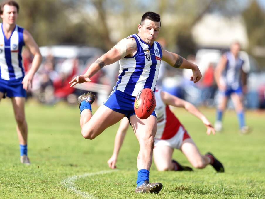 BATTLED HARD: Dougie Thomas kicked three of Mitiamo's 10 goals and was the Superoos' best player in Saturday's second-straight grand final loss.