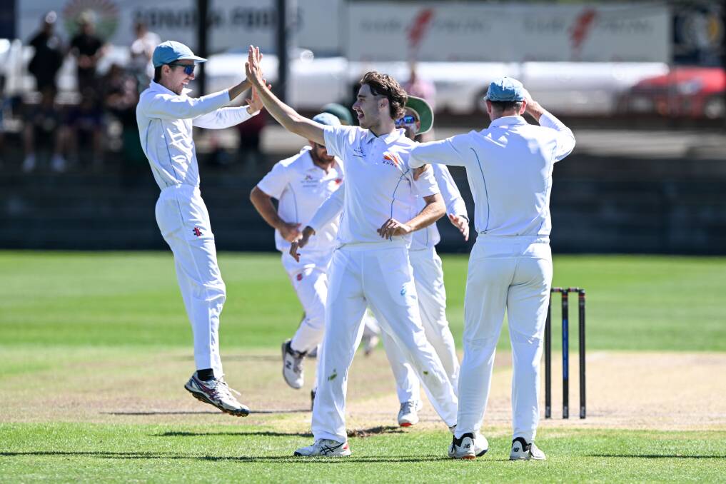 Strathdale-Maristians celebrates one of Jack Pysing's early wickets on Sunday. Picture by Enzo Tomasiello