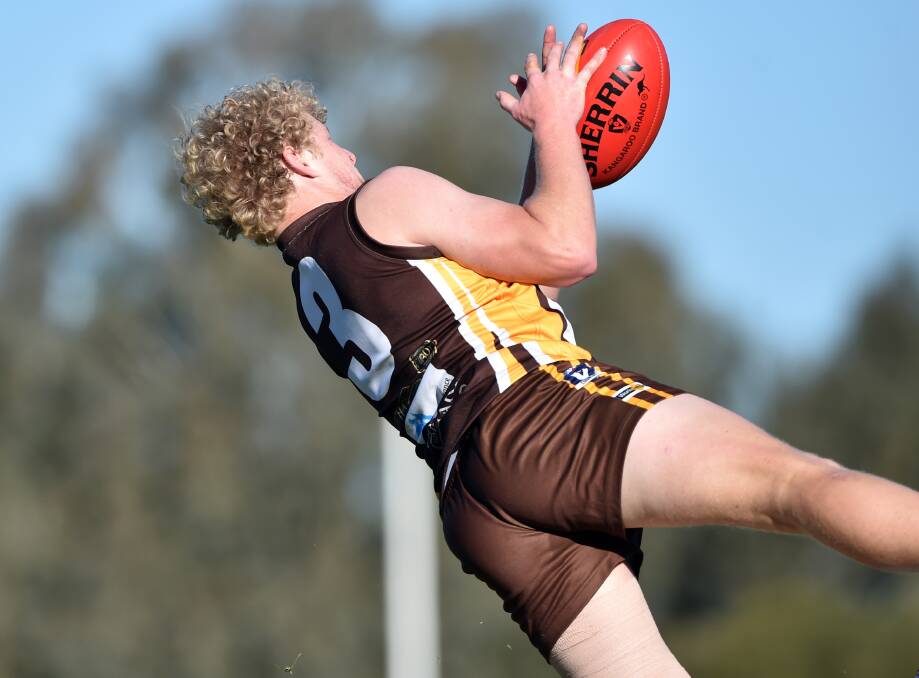 HAWK SOARS: Huntly star Harry Whittle flies for a mark on Saturday. Whittle booted five goals against Heathcote. The Hawks won by 54 points. Picture: GLENN DANIELS