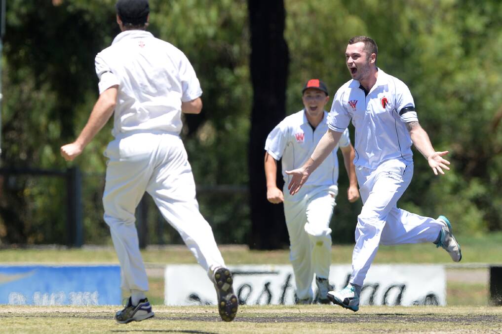 GOT HIM: White Hills' Jack Rodgers celebrates the wicket of Sandhurst's Zen Malik on Saturday. PICTURES: GLENN DANIELS