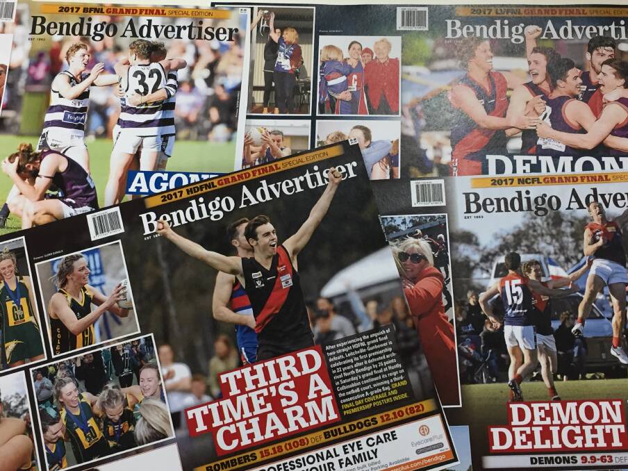 BIG MONTH OF ACTION: The front of the past four Monday editions of the Bendigo Advertiser covering the AFLCV region's grand finals.