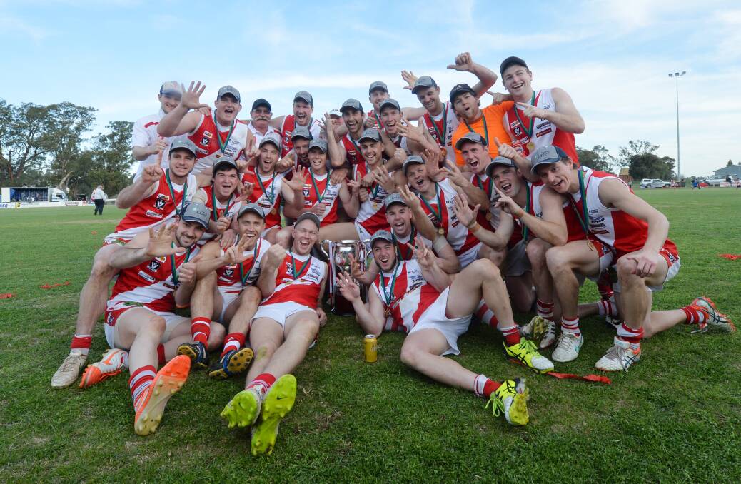 MEAN AND TALENTED: Bridgewater's team that equaled the LVFL's record of six premierships in a row on Saturday by beating Mitiamo by 56 points. Picture: DARREN HOWE