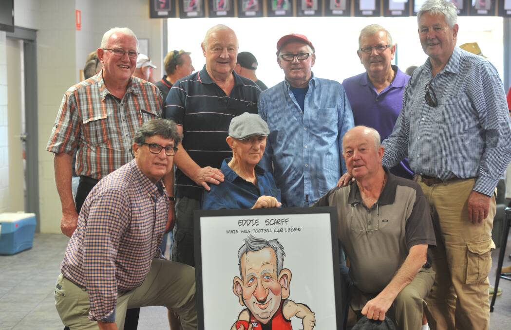RESPECTED: Eddie Scarff (front middle) with some of his former team-mates after being named a White Hills Living Legend last Saturday. Picture: LUKE WEST