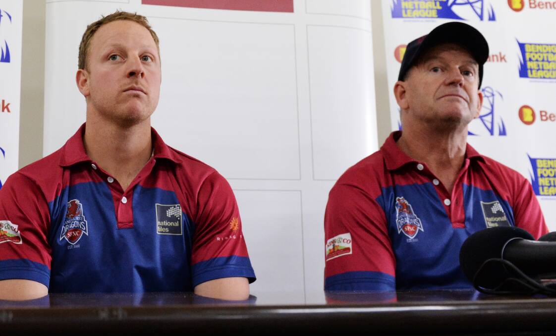 LEADERS: Sandhurst captain Blair Holmes and first-year coach Wayne Primmer at Wednesday's grand final press conference. Picture: DARREN HOWE