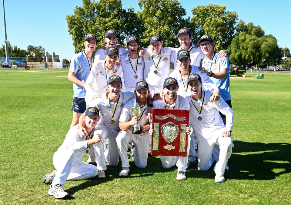 Strathdale-Maristians' premiership team after beating Kangaroo Flat in the weekend's grand final at the QEO. Picture by Enzo Tomasiello
