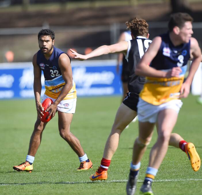 TOUGH DAY: Kayle Kirby kicked two goals for the Bendigo Pioneers in Sunday's 70-point loss to the North Ballarat Rebels in their TAC Cup clash at Eureka Stadium. Picture: LUKA KAUZLARIC, BALLARAT COURIER