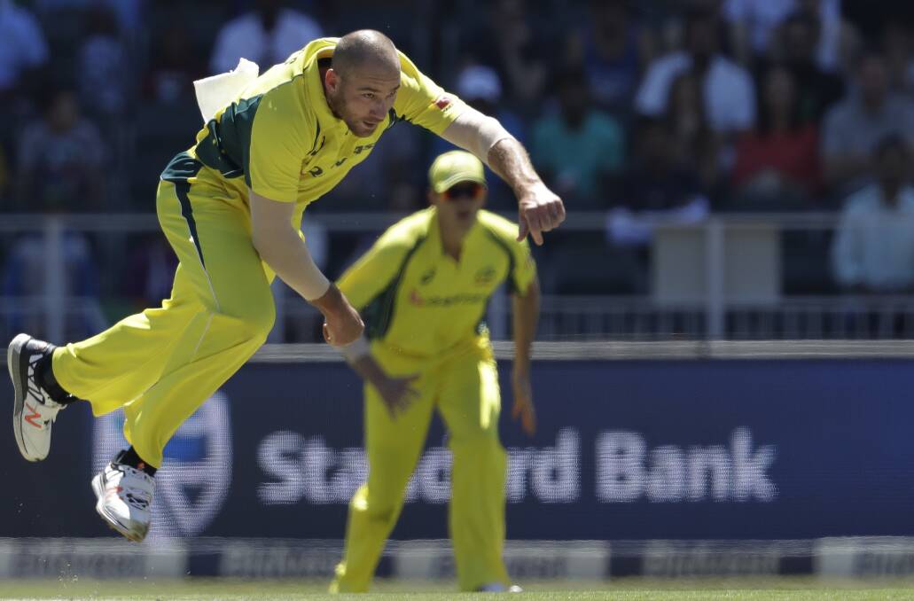 MAIDEN GULLY BOUND: John Hastings bowls for Australia against South Africa in October last year. On Sunday Hastings will play in the Robyn Hookes Shield. Picture: AAP