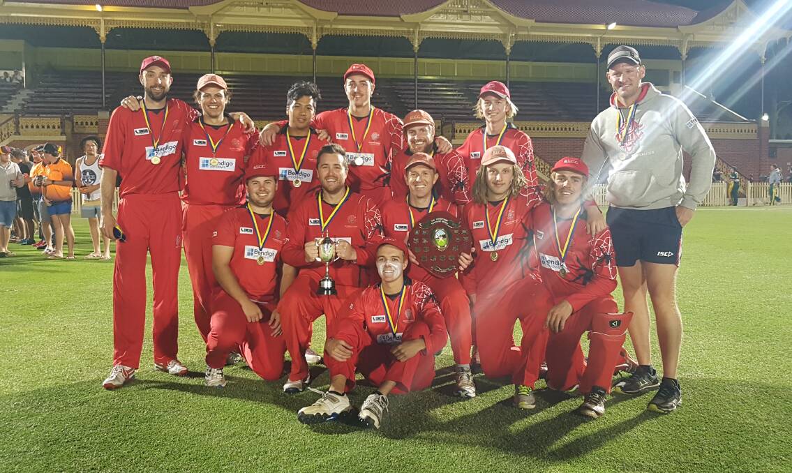 WINNERS ARE GRINNERS: The victorious Bendigo United team after capturing its first BDCA Twenty20 title with a 42-run win over Kangaroo Flat at the QEO on Wednesday night. Picture: AARON STEWART
