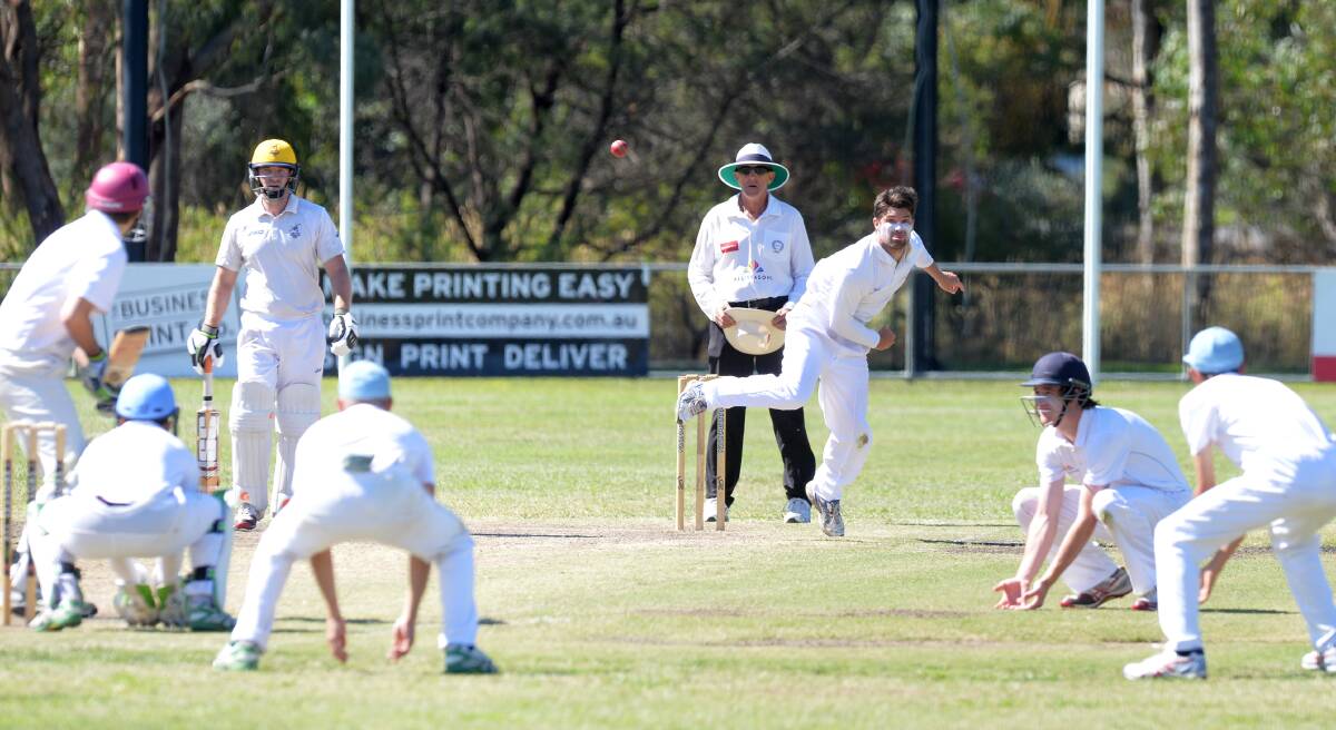 DAY OUT WITH THE BALL: Strathdale-Maristians' Cameron Taylor bowls against Strathfieldsaye on Saturday. He took 9-66 off 30 overs at Flight Centre Park. Picture: GLENN DANIELS