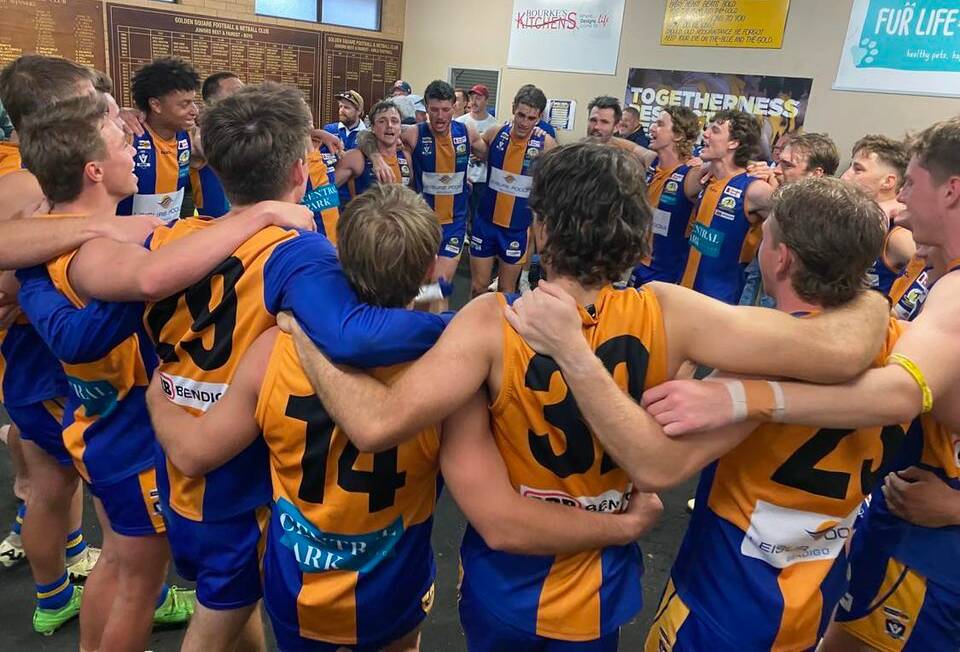 Golden Square players sing the team song after Saturday's win over Kangaroo Flat. Picture by Luke West