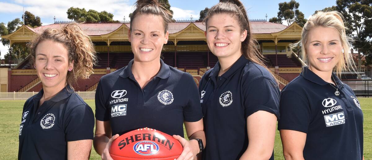OPPORTUNITY KNOCKS: Jessica Kennedy, Sarah Last, Bella Ayre and Hayley Trevean are among Carlton's AFLW list of 27 for the inaugural season. Picture: NONI HYETT
