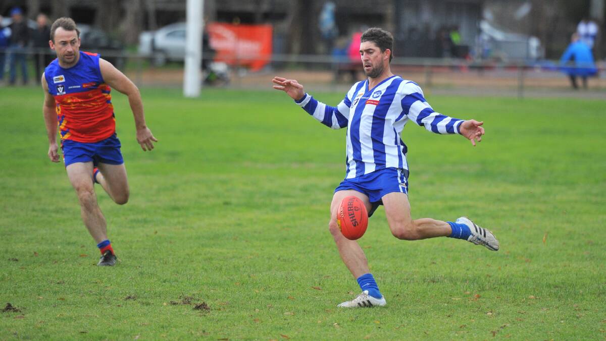 CLASS: Mitiamo midfielder Tyson Sidebottom drives the Superoos forward against Marong. Sidebottom was one of his side's best on Saturday. Picture: LUKE WEST