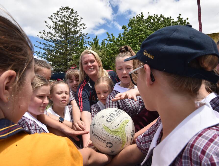 FAMILIAR SURROUNDS: Australian Diamonds netballer Caitlin Thwaites returned to her former school, Girton Grammar, to launch the 2017 Weet-Bix Kids TRYathlon to be held on February 26 at the QEO. Picture: NONI HYETT