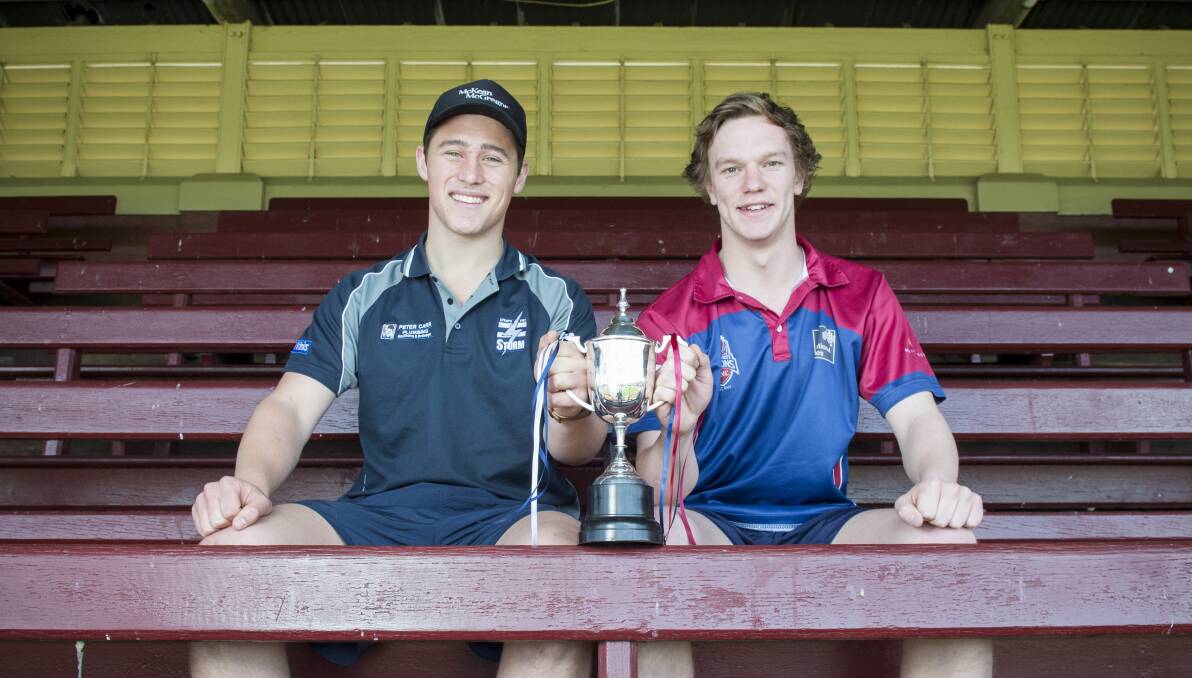 CUP UP FOR GRABS: Strathfieldsaye's Wade Donnan and Sandhurst under-18 captain Will Brohm. Picture: DARREN HOWE