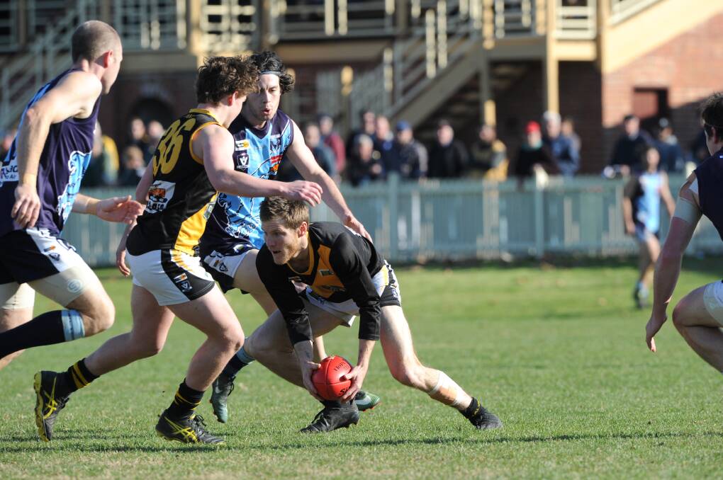 CLASS ACT: Forward Ben Weightman kicked seven goals for Kyneton in Saturday's seven-point loss to Eaglehawk at Canterbury Park. Picture: NONI HYETT