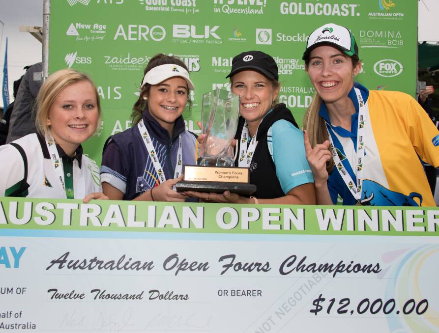 CHAMPIONS: Tiffany Brodie, Amelia Bruggy, Georgia White and Chloe Stewart are all smiles after winning the Australian Open women's fours title on the Gold Coast this week. Picture: BOWLS AUSTRALIA
