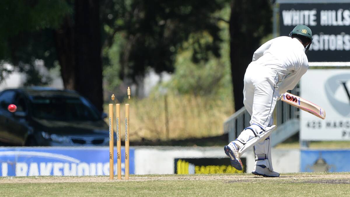 INNINGS OVER: Sandhurst's Zen Malik is bowled by White Hills' Jack Rodgers for three early on Saturday.