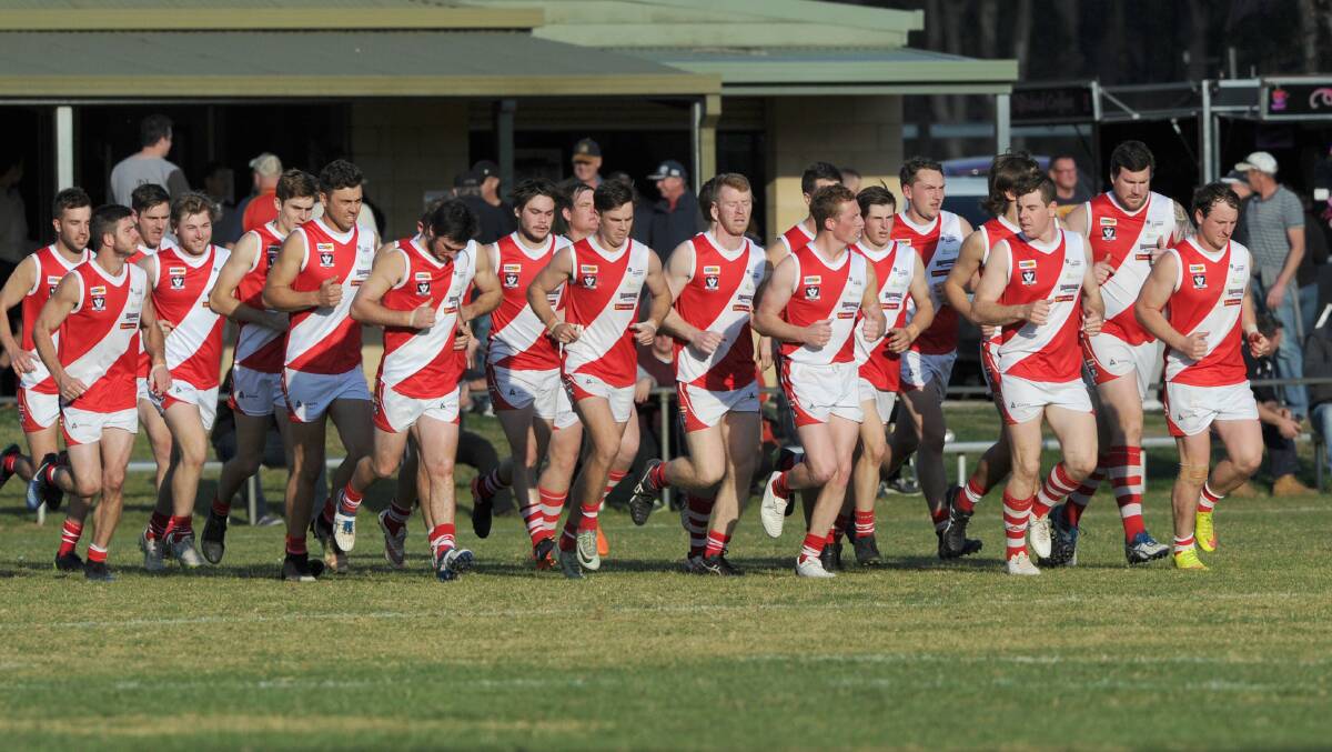 READY FOR BATTLE: Bridgewater hit the field on Saturday for what would become a 101-point thrashing of Marong to round out the first half of the season. Picture: NONI HYETT
