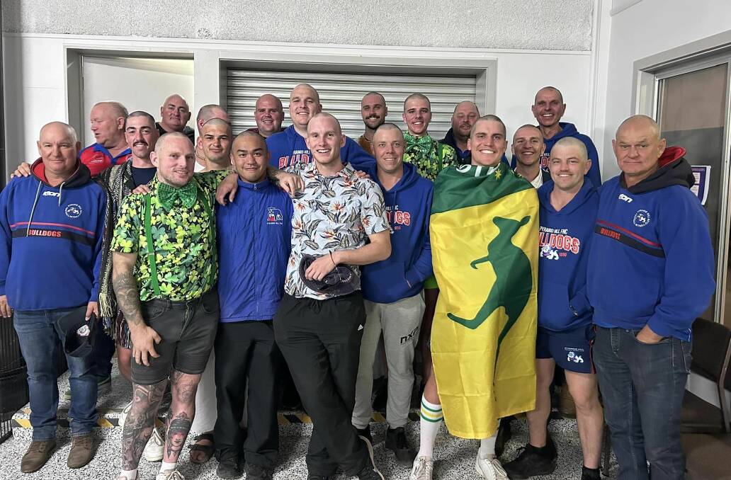 Some of Pyramid Hill Football-Netball Club's 36 who had their head shaved in support of the Peter MacCallum Cancer Foundation last Saturday night. Picture by Pyramid Hill FNC