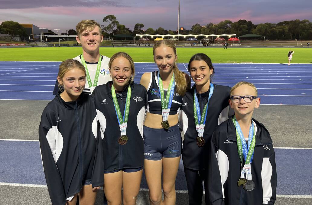 Kai Norton (back) with Imogen Brown, Grace Mulqueen, Kate Wilson, Mila Childs and Dylan Marron at the Australian Little Athletics Championships. Picture by Athletics Bendigo