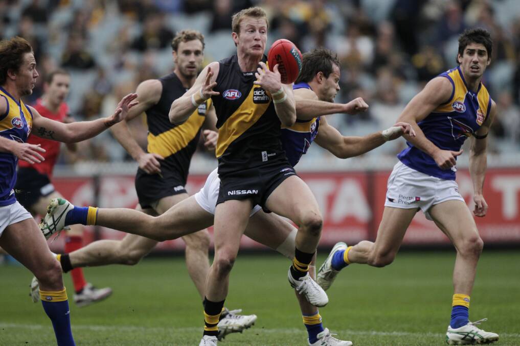 TIGER OF OLD: Daniel Connors playing one of his 29 AFL games for Richmond against West Coast during the 2010 season. Picture: FAIRFAX MEDIA