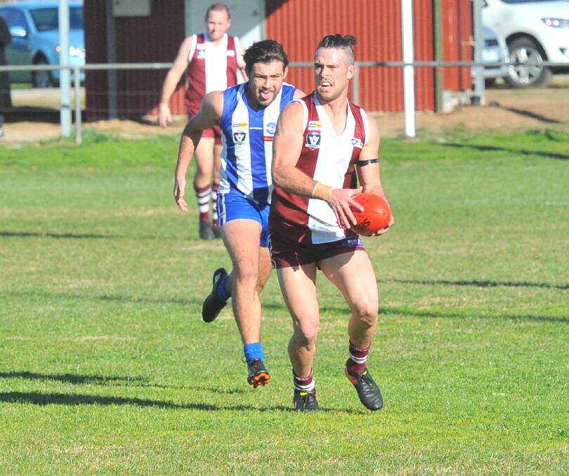 BATTLED HARD: Newbridge on-baller Jordan Gilboy was one of the Maroons' best players in Saturday's 32-point loss to Mitiamo at Riverside Oval. Picture: LUKE WEST