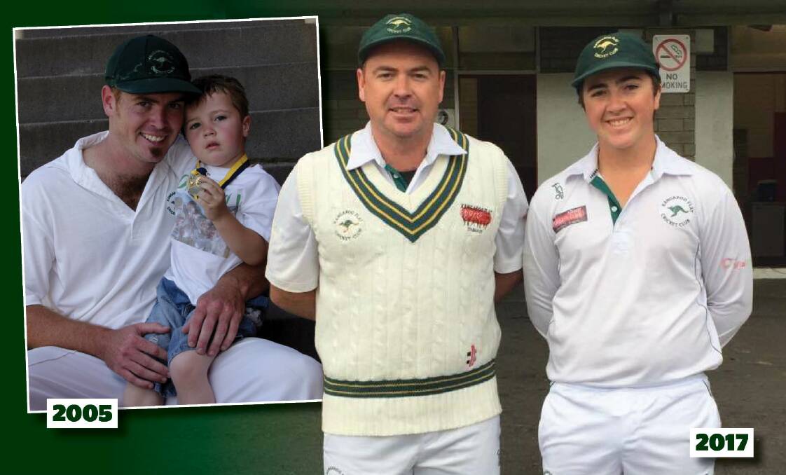 TIME FLIES: Adam and a young Riley Burns pictured after Kangaroo Flat's 2005 grand final win, and as first XI team-mates last weekend.