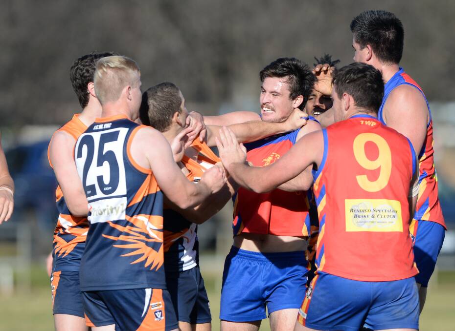 TEMPERS FLARE: There was no love lost between Marong and Maiden Gully YCW Eagles in the Loddon Valley league on Saturday. Picture: GLENN DANIELS