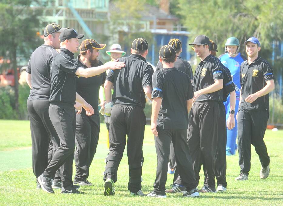 UP AND ABOUT: United celebrates the early wicket of Marong opener Scott Ross on Saturday. The Tigers defeated the Panthers by 24 runs in round three of the EVCA season. The Tigers haven't lost to the Panthers since the 2010-11 season. Picture: LUKE WEST