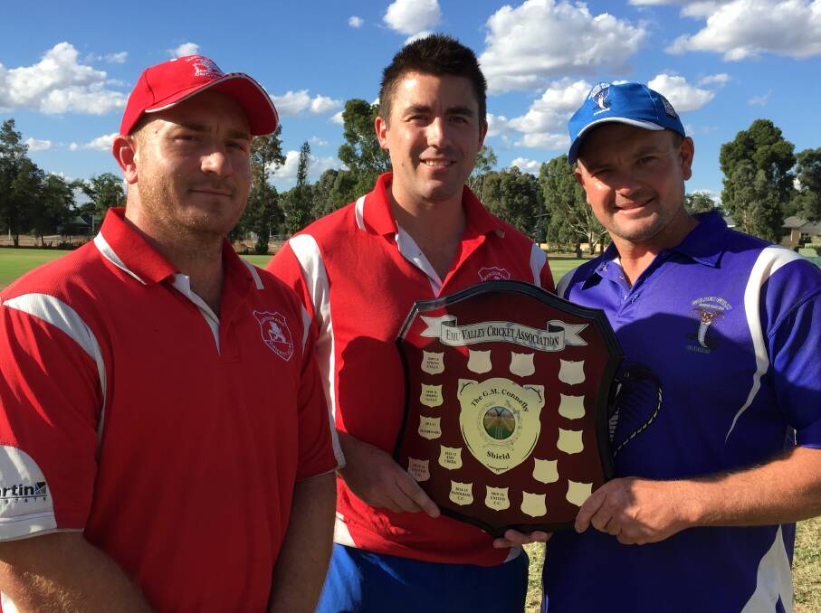 PRIZE ON THE LINE: Mandurang co-captains Matt Pask and James Pietromonaco with Golden Gully skipper Clint Prime and the EVCA premiership shield. Picture: LUKE WEST