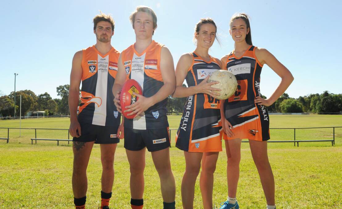 FRESH LOOK: Cohen Kekich, Luke Gray, Leisa Barry and Sidney Niemann model Maiden Gully YCW Eagles' new playing gear. Picture: NONI HYETT