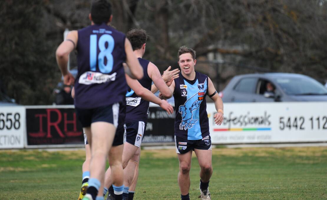 FABULOUS FIVE: Riley Saunders celebrates one of his five goals for Eaglehawk in Saturday's 46-point win over Sandhurst at Canterbury Park. The victory keeps the Hawks a game clear on top of the ladder, while the Dragons are now six points outside the top five with four rounds remaining. Picture: NONI HYETT