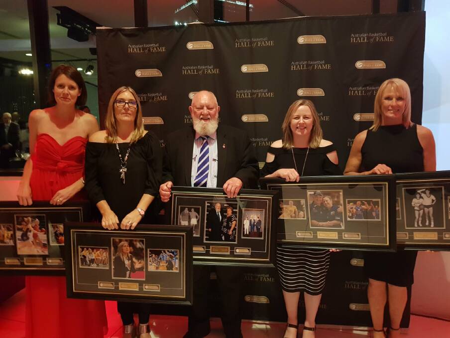HALL OF FAME INDUCTEES: Lucille Bailie, Carrie Graf, Ken Madsen, Kristi Harrower and Karen Blicavs on Friday night. Picture: BASKETBALL AUSTRALIA