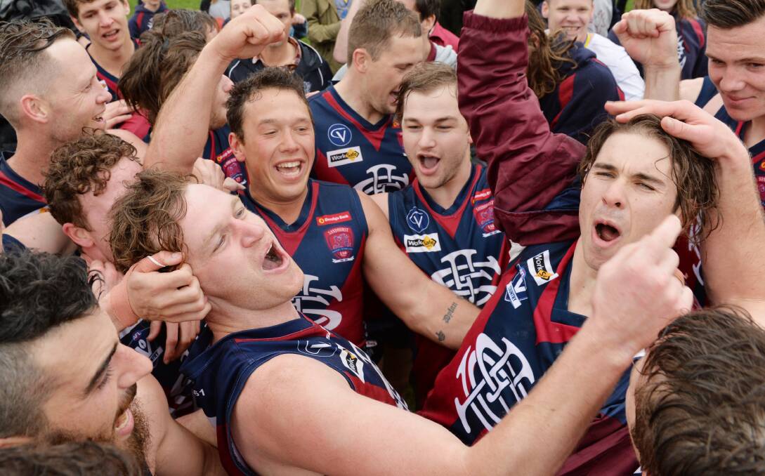 PARTY TIME: Sandhurst players bask in the glory of Saturday's premiership win - the 28th senior flag in the club's history. Picture: DARREN HOWE