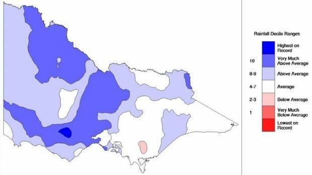 Rainfall in April. The dark blue areas received rain three times the average while medium blue was twice the average. Photo: BoM