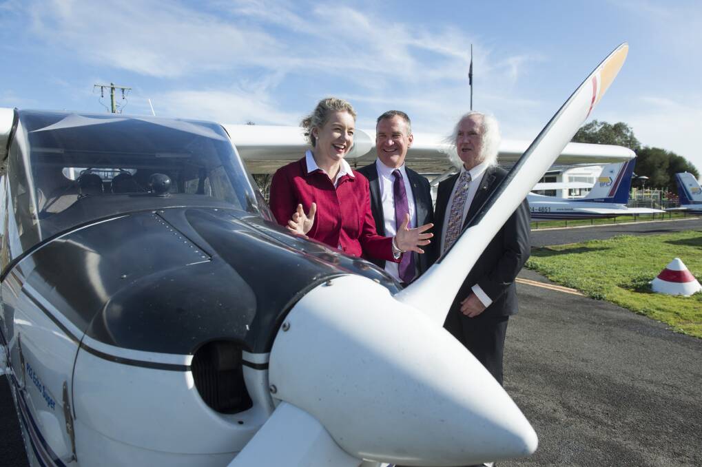 GETTING READY FOR TAKE-OFF: Senator Bridget McKenzie with City of Greater Bendigo chief executive officer Craig Niemann and mayor Rod Fyffe at the Bendigo Airport. 