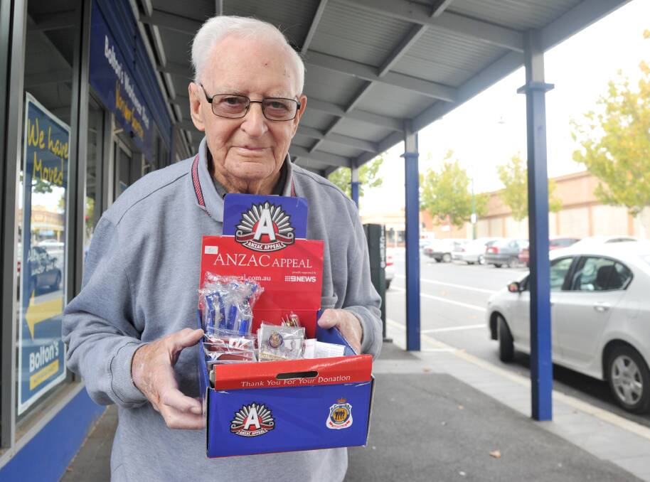 THAT'S COMMITMENT: Frank Taylor has sold more than $50,000 worth of badges and pens in the streets of Bendigo over 48 years for the Anzac Appeal. Picture: NONI HYETT