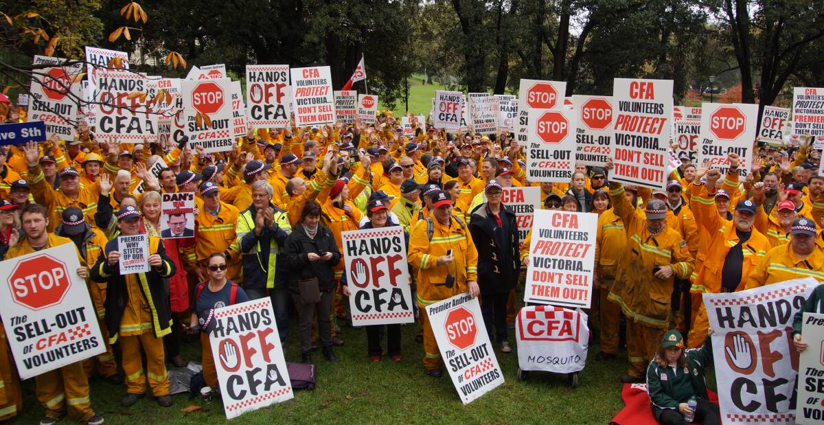 Volunteer firefighters rally on Sunday over concerns Victoria's government has backed a controversial pay deal handing the United Firefighters Union veto power over their operational and resourcing decisions.